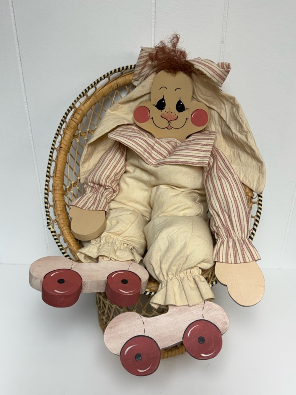 Vintage Handmade Wood & Muslin Stuffed Bunny Rabbit Ticking Stripes Floppy Ears